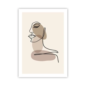 Poster - Un ritratto minimalista di una donna nei toni del beige. - 50x70cm - Ascoltando se stessa - Decorazione murale moderna per soggiorno e camera da letto ARTTOR