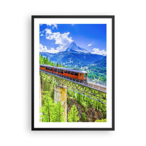 Poster in cornice nera - Un treno su un ponte sulle Alpi con vista sul Cervino - 50x70cm - Ferrovia alpina - Decorazione murale moderna per soggiorno e camera da letto ARTTOR