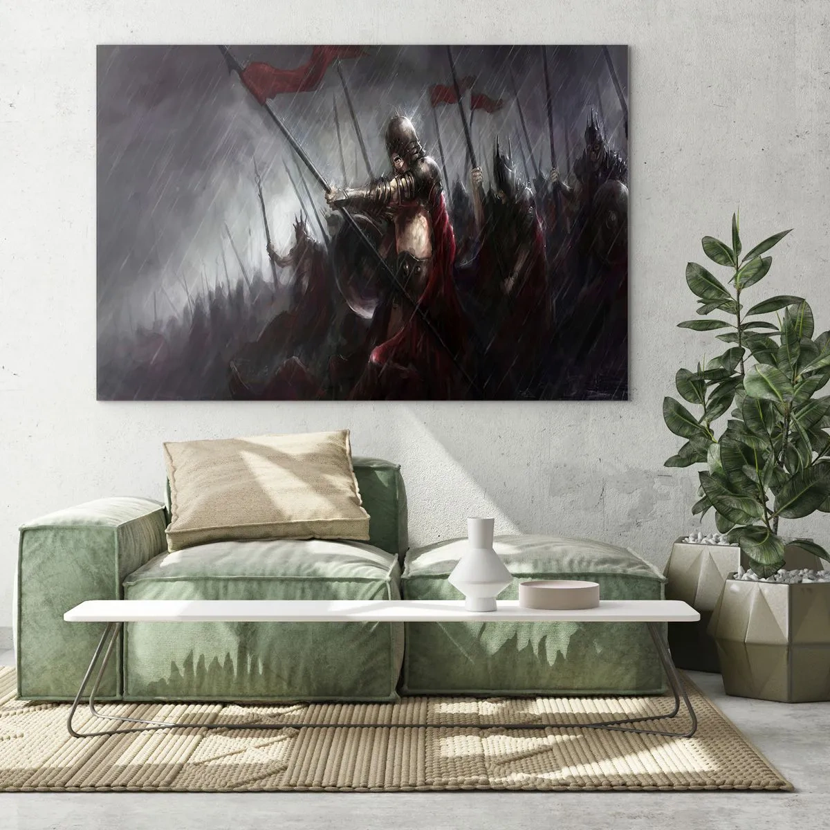 Quadro su vetro - Cavalieri sotto la pioggia sul campo di battaglia in completo equipaggiamento - 100x70cm - Passante, dì a Sparta... - Decorazione murale moderna per soggiorno e camera da letto ARTTOR