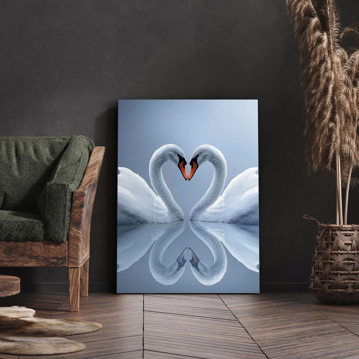 Quadro su tela - Stampe su Tela - Due cigni formano un cuore su una superficie calma dell'acqua - 70x100cm - Il tempo dell'amore - Decorazione murale moderna per soggiorno e camera da letto ARTTOR