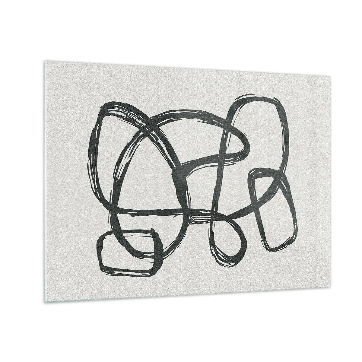 Quadro su vetro - Anelli e linee nere formano una composizione astratta su uno sfondo bianco. - 70x50cm - Astrazione aggrovigliata - Decorazione murale moderna per soggiorno e camera da letto ARTTOR