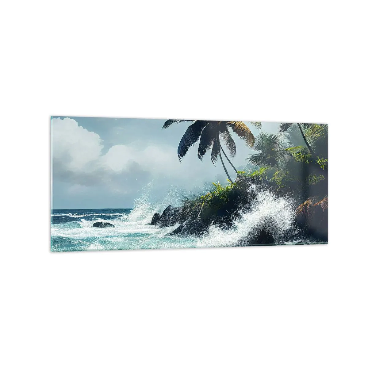 Quadro su vetro - Costa tropicale con palme e mare agitato - 120x50cm - Sulla riva tropicale - Decorazione murale moderna per soggiorno e camera da letto ARTTOR