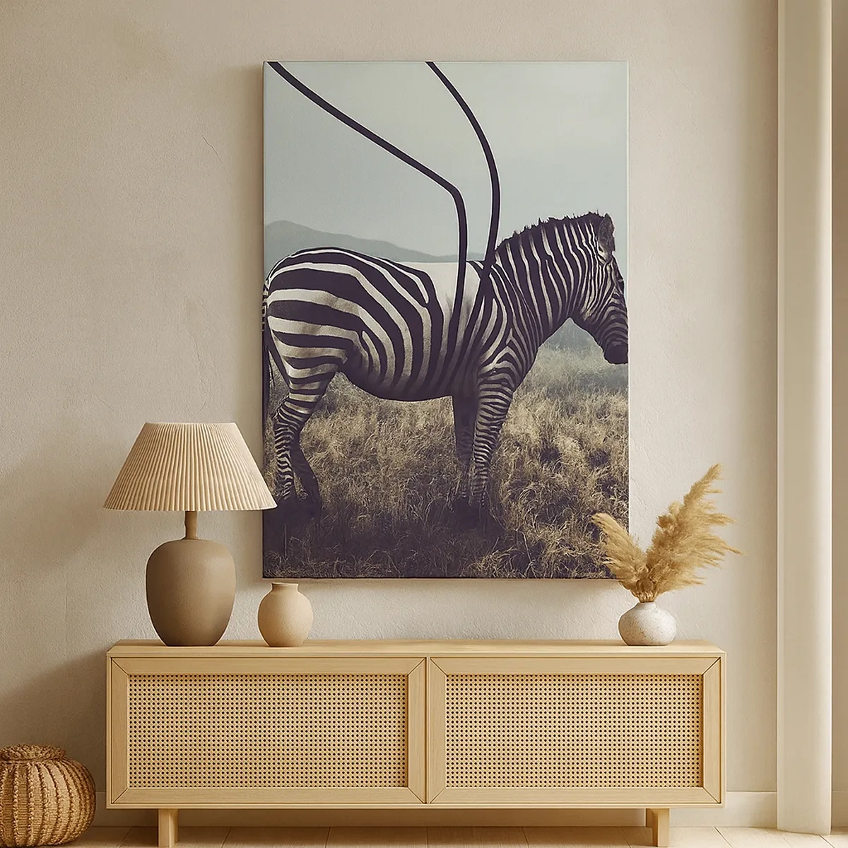 Quadro su tela - Stampe su Tela - Una zebra surreale contro un paesaggio erboso - 50x70cm - Attenzione! Difetto - Decorazione murale moderna per soggiorno e camera da letto ARTTOR