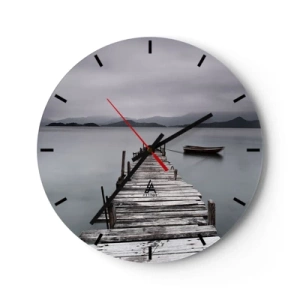 Orologio da parete - Orologio in Vetro - Un molo di legno su un lago calmo con una barca sullo sfondo - 30x30cm - Domani puoi partire - Decorazione murale moderna per soggiorno, cucina e camera da letto ARTTOR