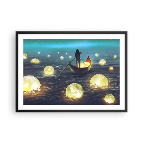 Poster in cornice nera - Una figura in una barca circondata da sfere luminose sull'acqua - 70x50cm - Cose che neanche i filosofi hanno sognato - Decorazione murale moderna per soggiorno e camera da letto ARTTOR