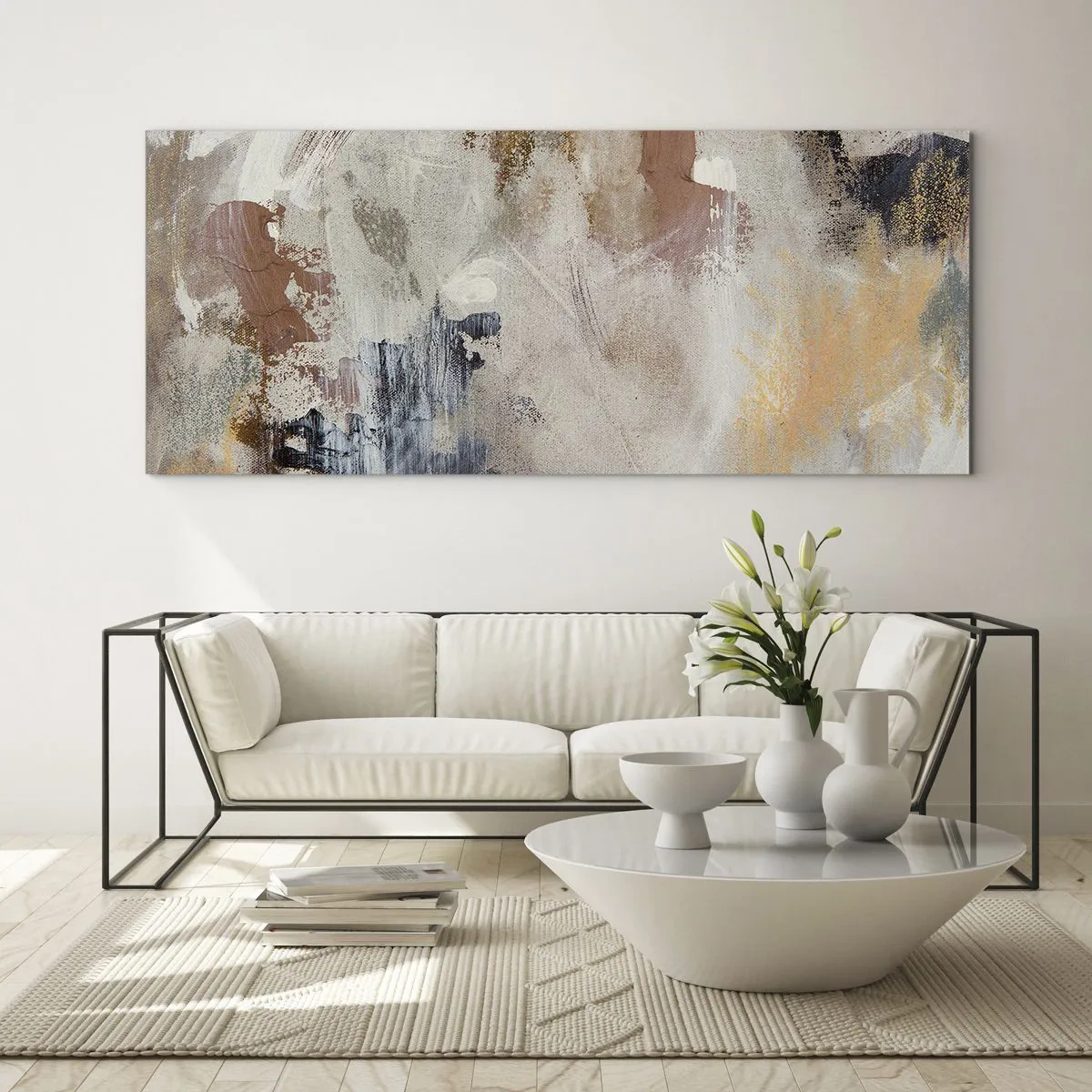 Quadro su vetro - Macchie astratte in tonalità tenui di beige e oro - 160x50cm - Astrazione annebbiata - Decorazione murale moderna per soggiorno e camera da letto ARTTOR