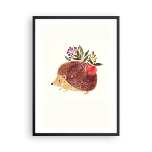 Poster in cornice nera - Un simpatico riccio con una mela e dei ramoscelli su uno sfondo chiaro - 50x70cm - E mi vuoi già bene - Decorazione murale moderna per soggiorno e camera da letto ARTTOR
