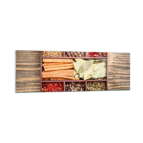 Quadro su vetro - Scatola di legno con varie spezie in scomparti - 160x50cm - Ordine delle forme, bouquet degli aromi - Decorazione murale moderna per soggiorno e camera da letto ARTTOR