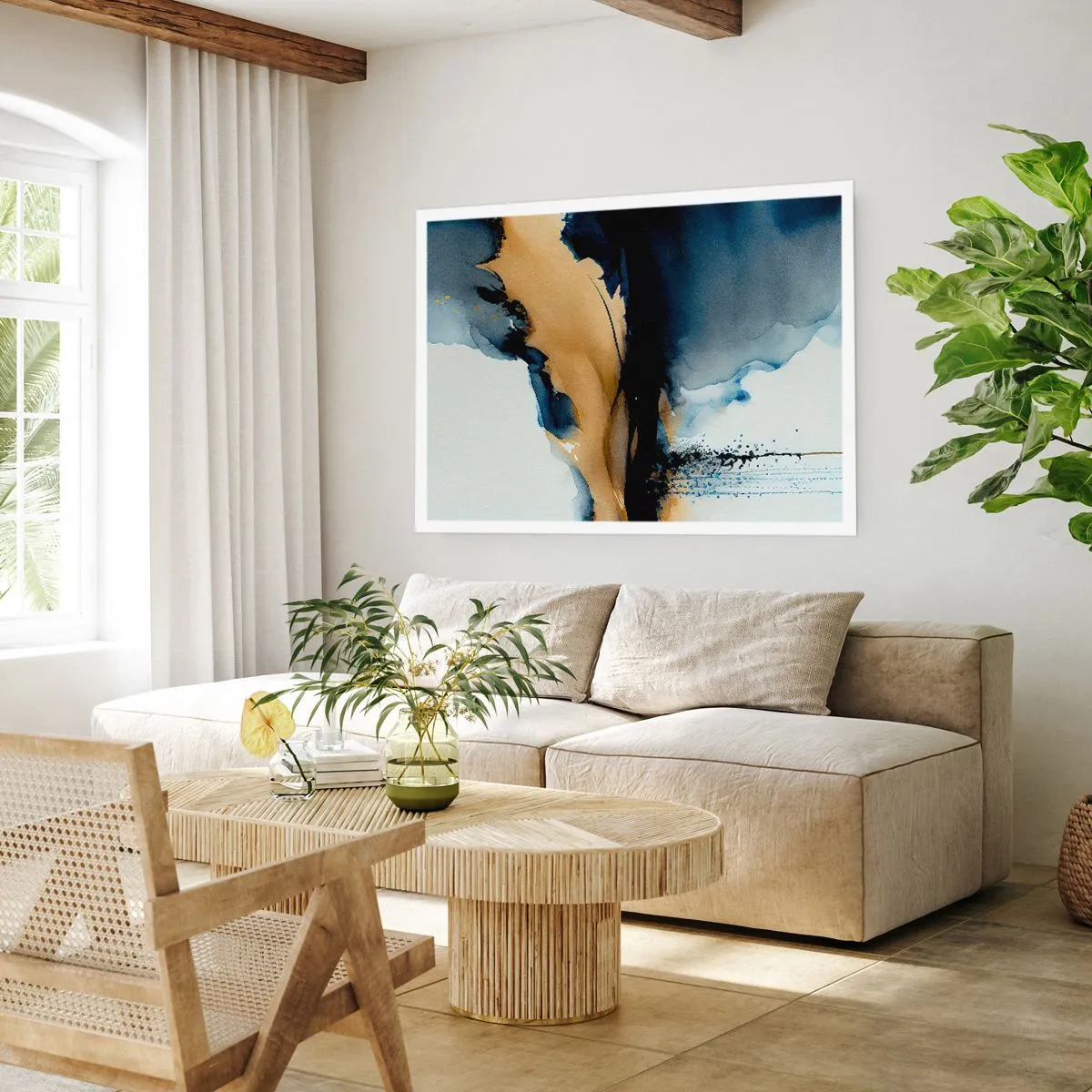 Poster - Una composizione astratta nei toni del blu navy e dell'oro - 100x70cm - Dietro la cortina - Decorazione murale moderna per soggiorno e camera da letto ARTTOR