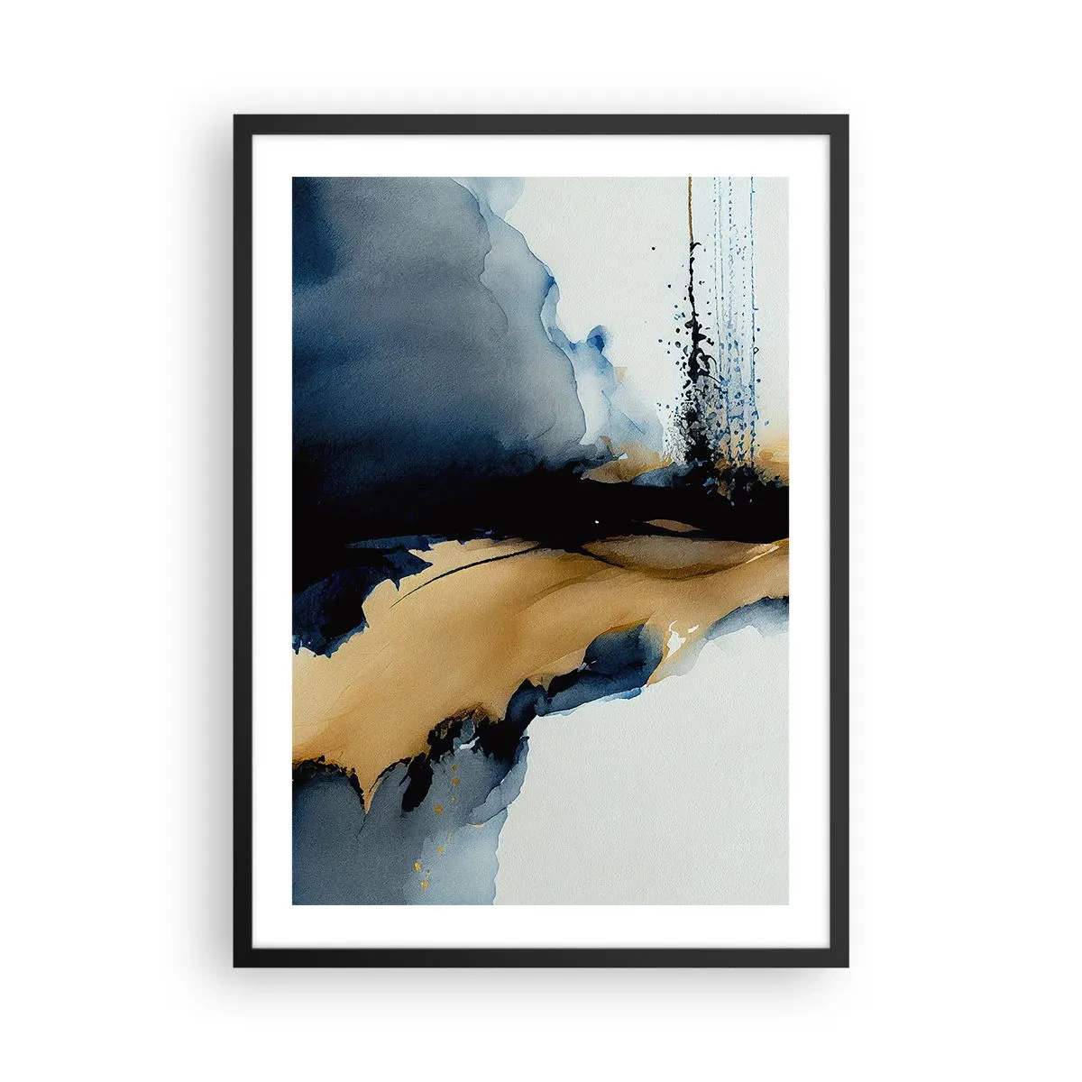 Poster in cornice nera - Una composizione astratta nei toni del blu navy e dell'oro - 50x70cm - Dietro la cortina - Decorazione murale moderna per soggiorno e camera da letto ARTTOR