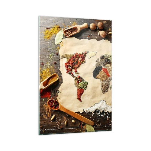 Quadro su vetro - Una mappa del mondo fatta di spezie su uno sfondo di legno. - 80x120cm - Tutti i gusti del mondo - Decorazione murale moderna per soggiorno e camera da letto ARTTOR