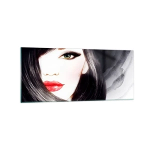 Quadro su vetro - Ritratto di una donna dallo sguardo espressivo e dalle labbra rosse - 120x50cm - Sguardo di zaffiro - Decorazione murale moderna per soggiorno e camera da letto ARTTOR