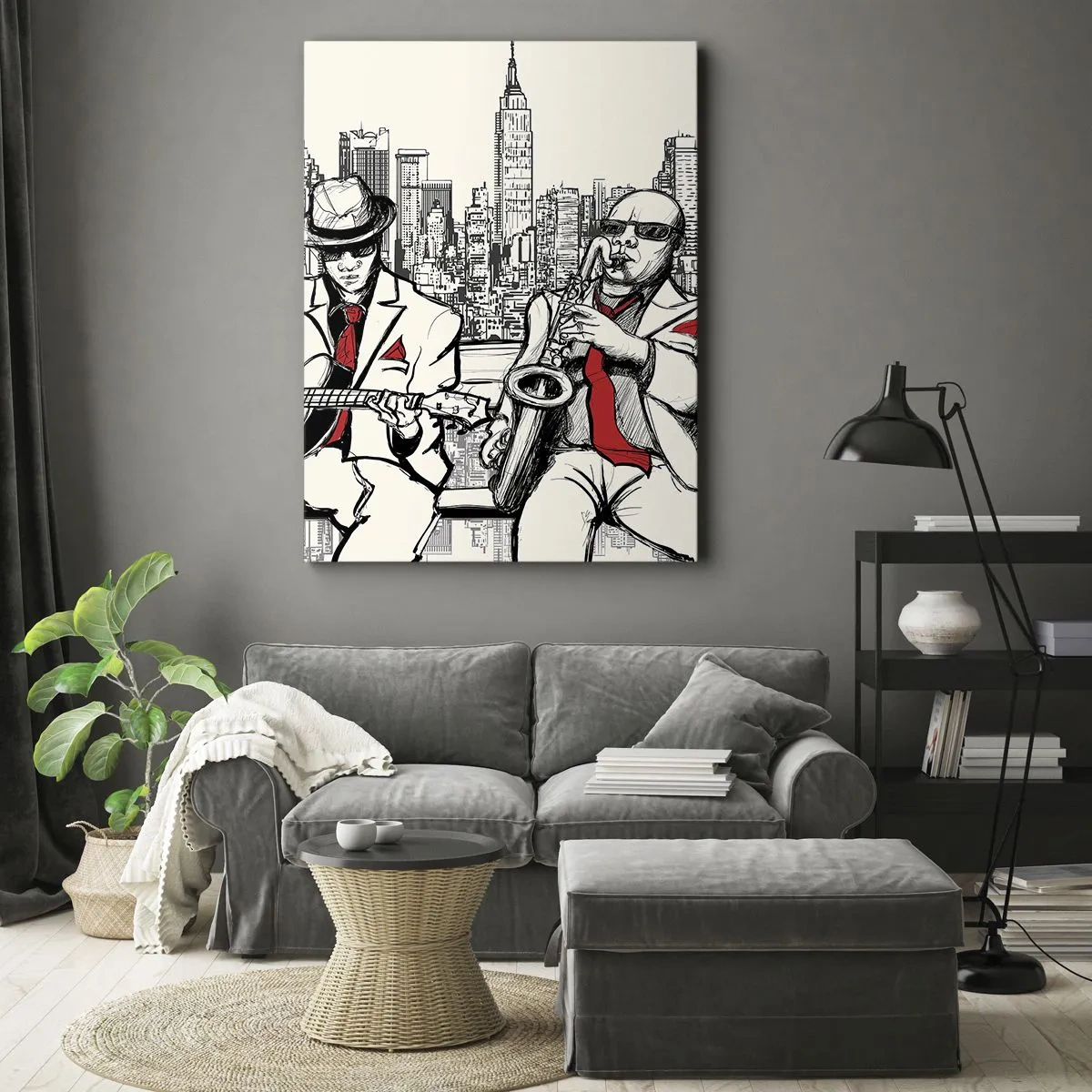 Quadro su tela - Stampe su Tela - Un duo jazz con sassofono e chitarra sullo sfondo della città - 50x70cm - Improvvisare a New York - Decorazione murale moderna per soggiorno e camera da letto ARTTOR