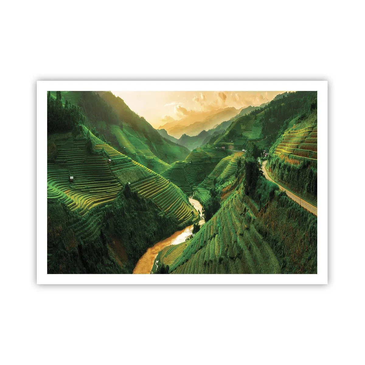Poster - Pittoresche terrazze di riso in una valle verde illuminata dal sole al tramonto - 100x70cm - Valle del Vietnam - Decorazione murale moderna per soggiorno e camera da letto ARTTOR