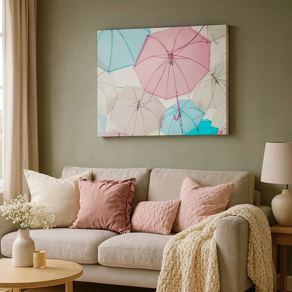 Quadro su tela - Stampe su Tela - Ombrelli pastello contro un cielo luminoso - 70x50cm - A volte sole, a volte pioggia - Decorazione murale moderna per soggiorno e camera da letto ARTTOR