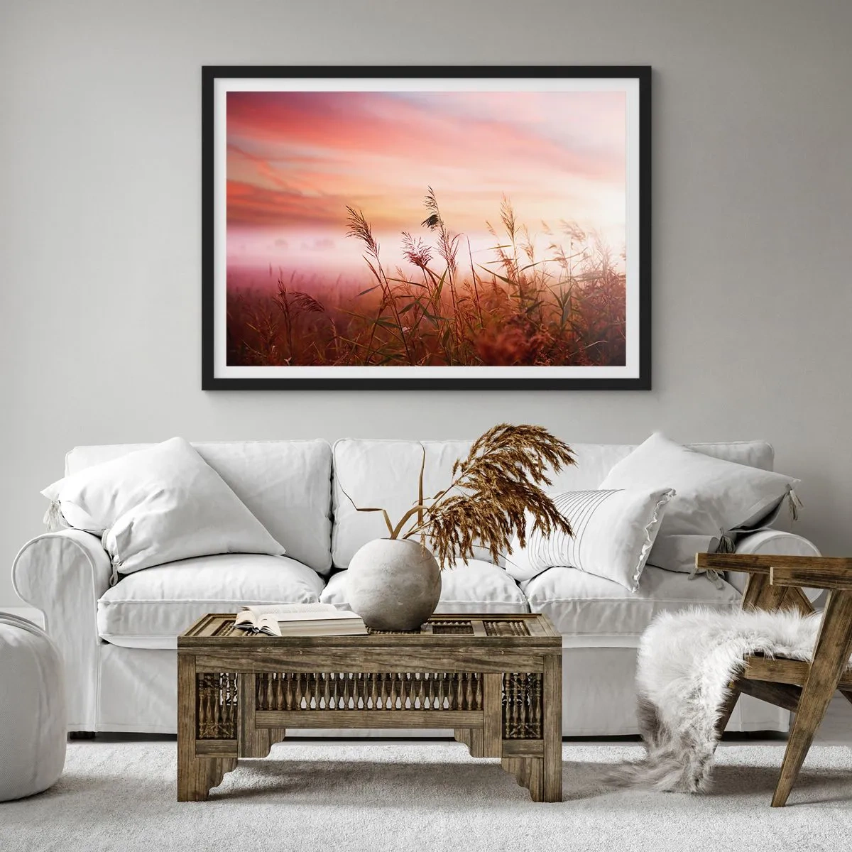 Poster in cornice nera - Un campo d'erba sullo sfondo di un pittoresco tramonto - 70x50cm - Aquiloni, denti di leone, vento - Decorazione murale moderna per soggiorno e camera da letto ARTTOR