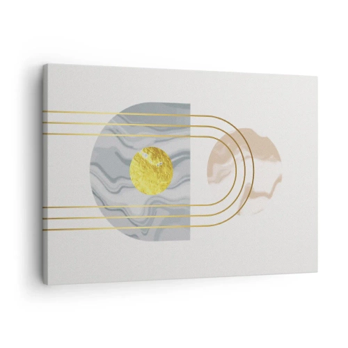 Quadro su tela - Stampe su Tela - Composizione astratta con cerchi e linee dorate su uno sfondo chiaro. - 70x50cm - Chiarezza e lucentezza - Decorazione murale moderna per soggiorno e camera da letto ARTTOR