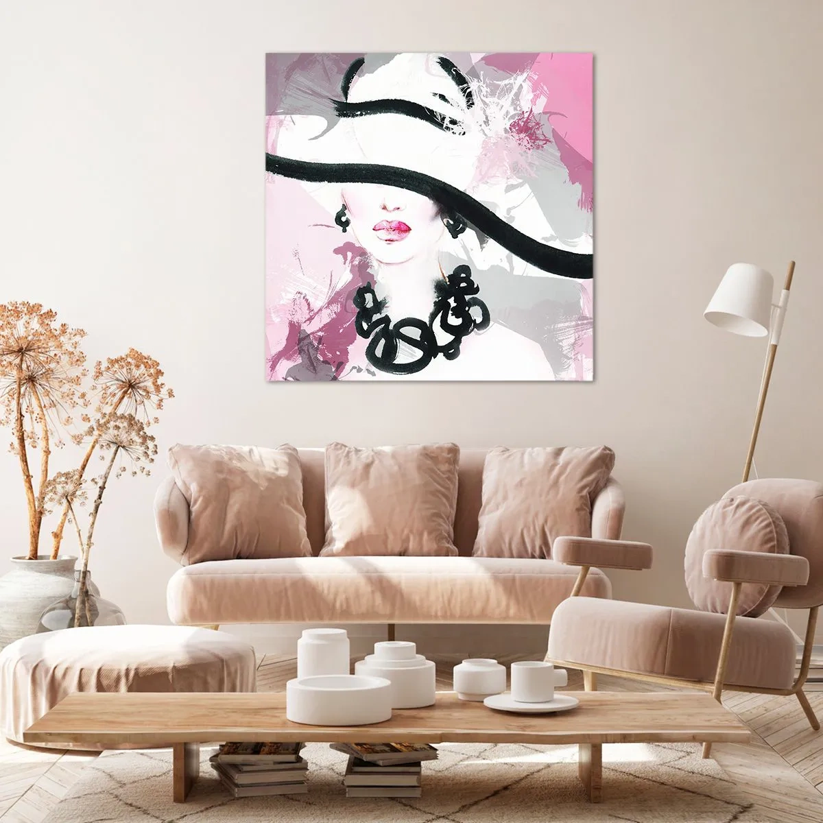 Quadro su tela - Stampe su Tela - Ritratto di donna in nero e rosa - 30x30 cm