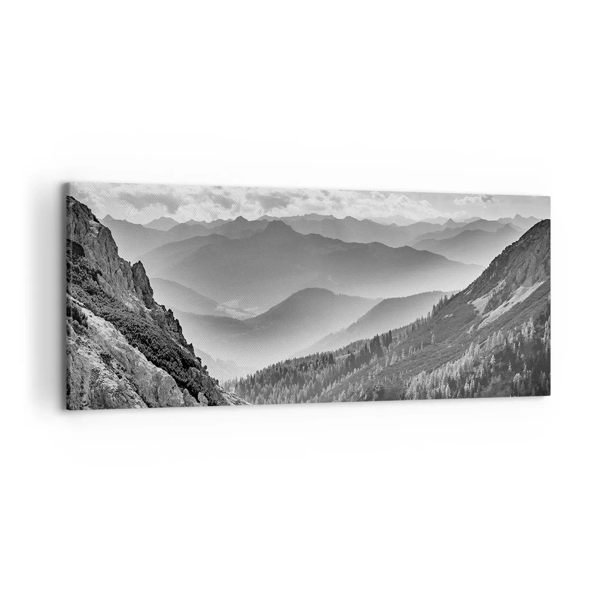 Quadro su tela - Stampe su Tela - Paesaggio montano in bianco e nero con nuvole sulle cime - 120x50cm - Fino all'orizzonte - Decorazione murale moderna per soggiorno e camera da letto ARTTOR