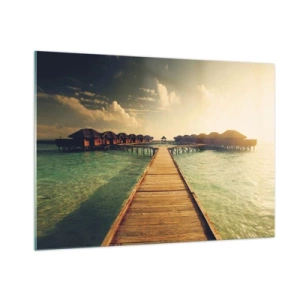 Quadro su vetro - Il molo che conduce ai cottage sul lungomare al tramonto - 100x70cm - Caldo invito - Decorazione murale moderna per soggiorno e camera da letto ARTTOR