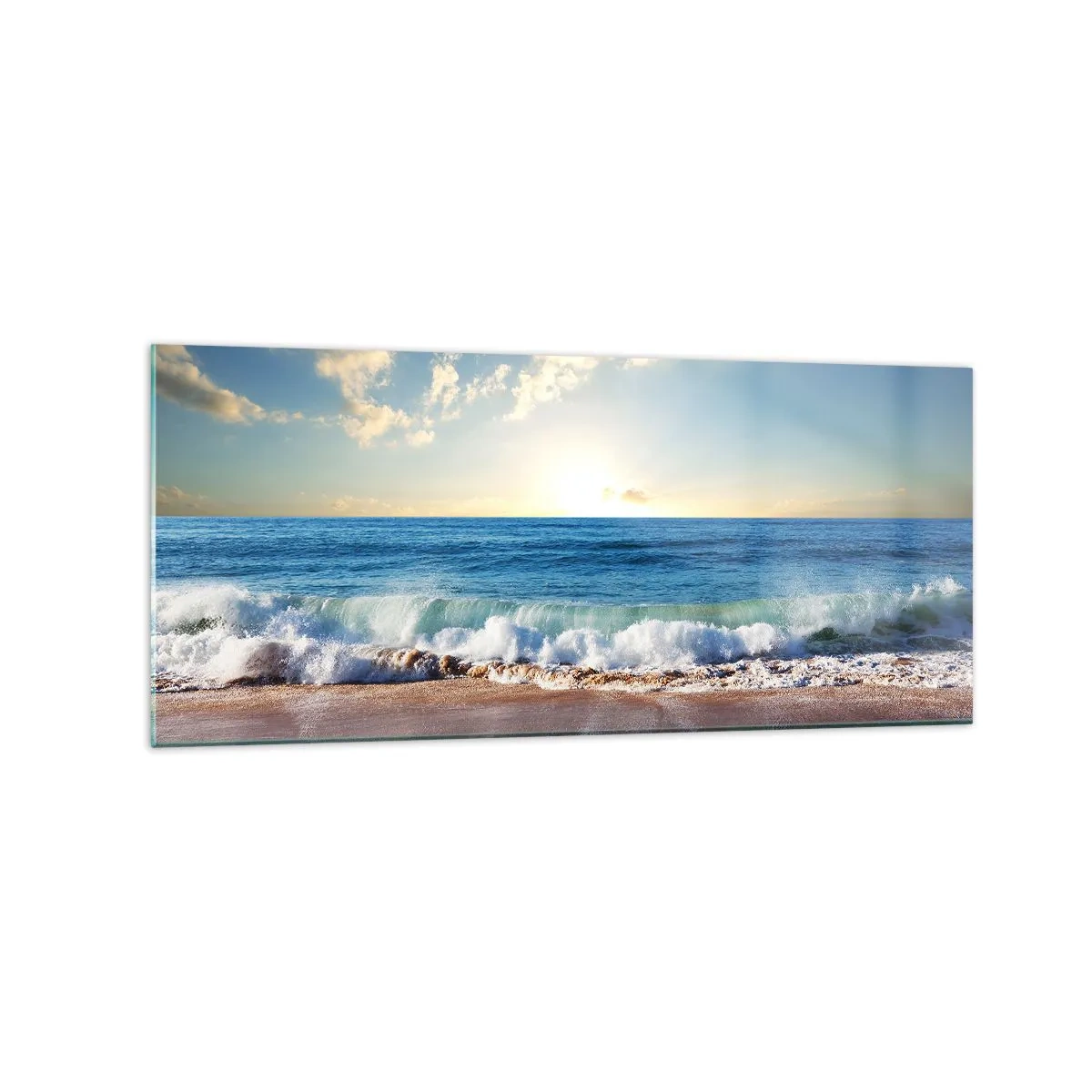 Quadro su vetro - Una spiaggia soleggiata con onde che si infrangono sulla riva - 120x50cm - Insieme movimento e immobilità - Decorazione murale moderna per soggiorno e camera da letto ARTTOR