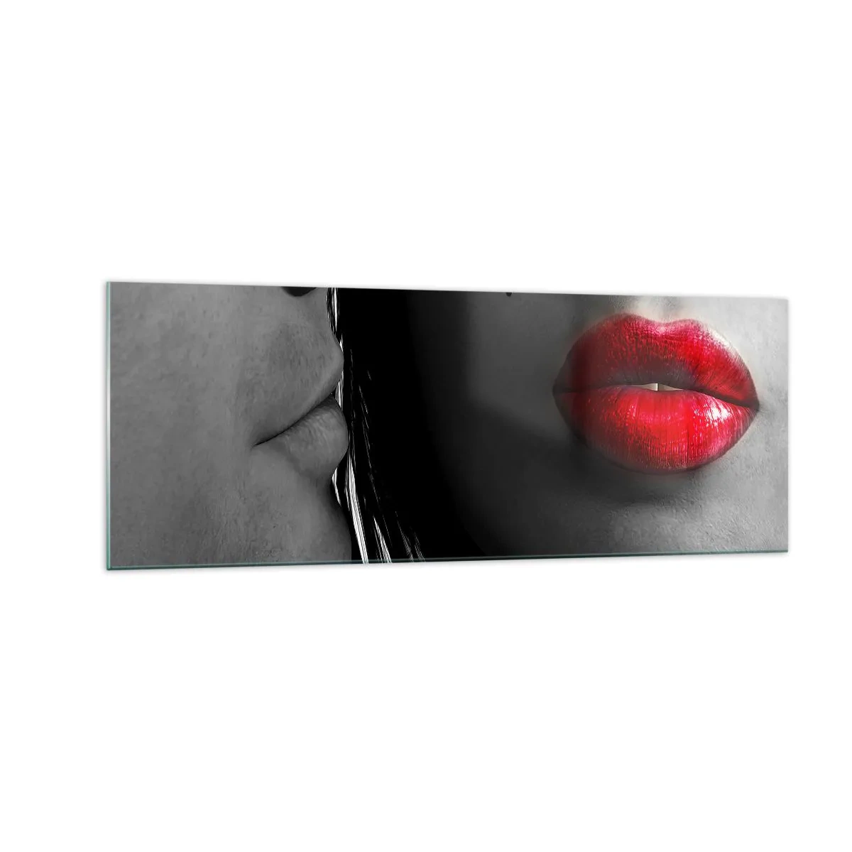 Quadro su vetro - Primo piano dei volti di una donna e di un uomo con le labbra rosse. - 140x50cm - Volto accanto al volto  - Decorazione murale moderna per soggiorno e camera da letto ARTTOR