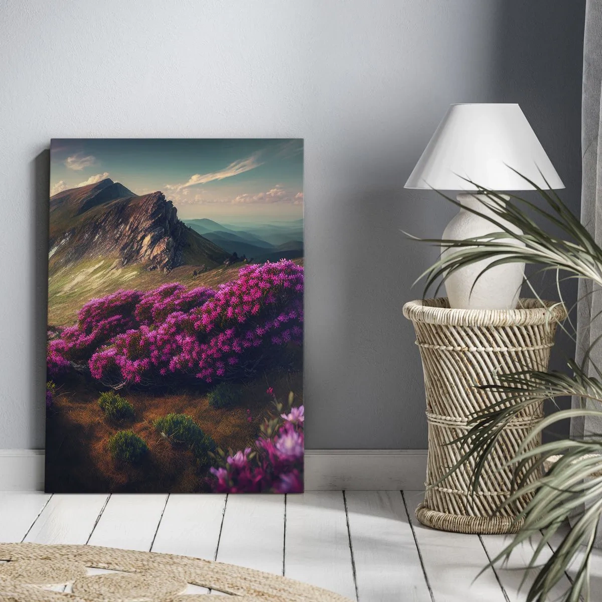 Quadro su tela - Stampe su Tela - Paesaggio montano con rododendri in fiore - 50x70cm - L'estate sui monti - Decorazione murale moderna per soggiorno e camera da letto ARTTOR