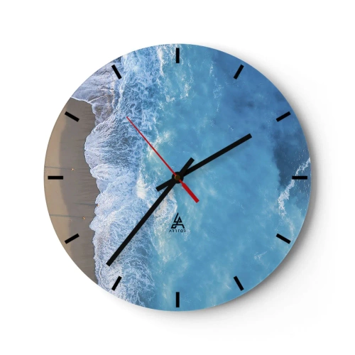 Orologio da parete - Orologio in Vetro - Vista dall'alto delle onde dell'oceano che si infrangono su una spiaggia sabbiosa - 30x30cm - La forza del blu - Decorazione murale moderna per soggiorno, cucina e camera da letto ARTTOR