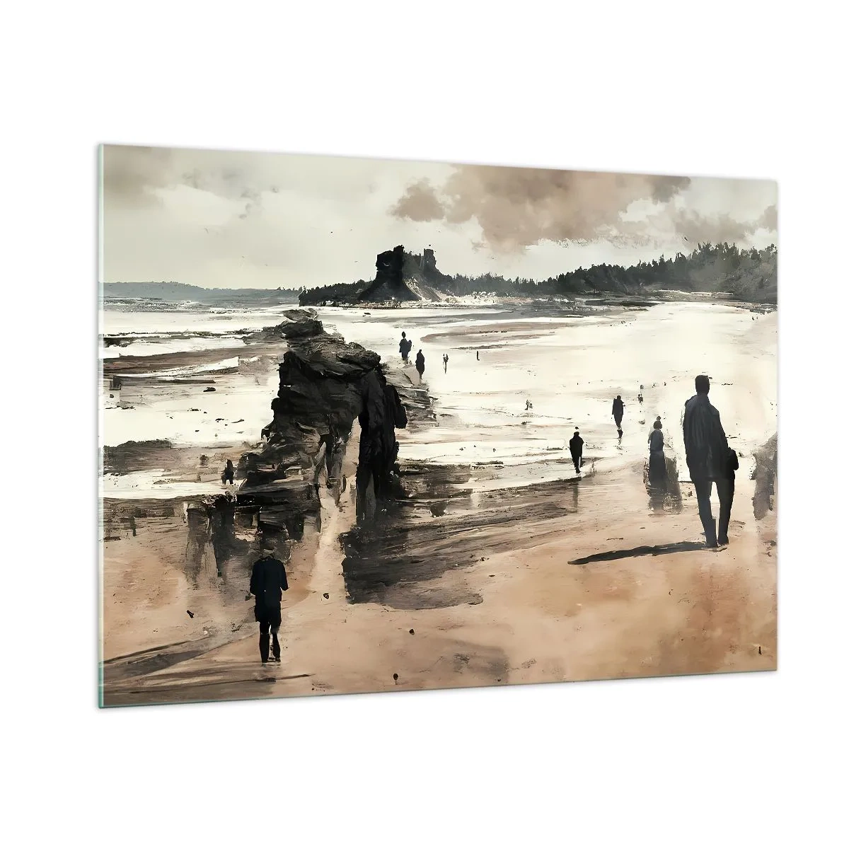 Quadro su vetro - Silhouette che camminano su un'ampia spiaggia sotto un cielo nuvoloso - 100x70cm - Convocati - Decorazione murale moderna per soggiorno e camera da letto ARTTOR