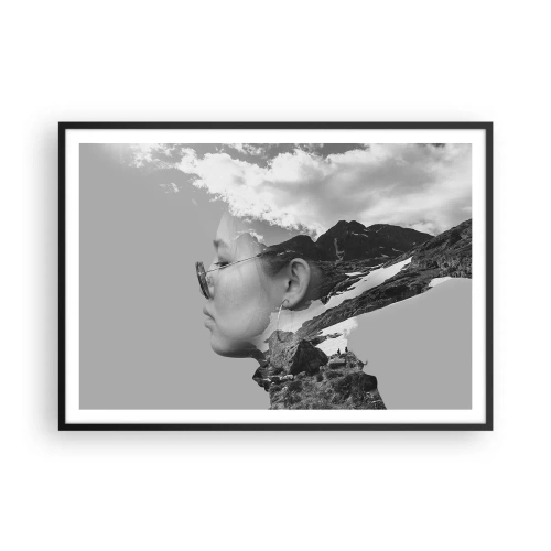 Poster in cornice nera - Una composizione in bianco e nero con la silhouette di una donna e un paesaggio montano. - 100x70cm - Ritratto montano nuvoloso - Decorazione murale moderna per soggiorno e camera da letto ARTTOR