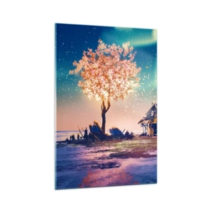 Quadro su vetro - Una casa e un albero in fiore sotto il cielo notturno - 70x100cm - La natura non passa - Decorazione murale moderna per soggiorno e camera da letto ARTTOR