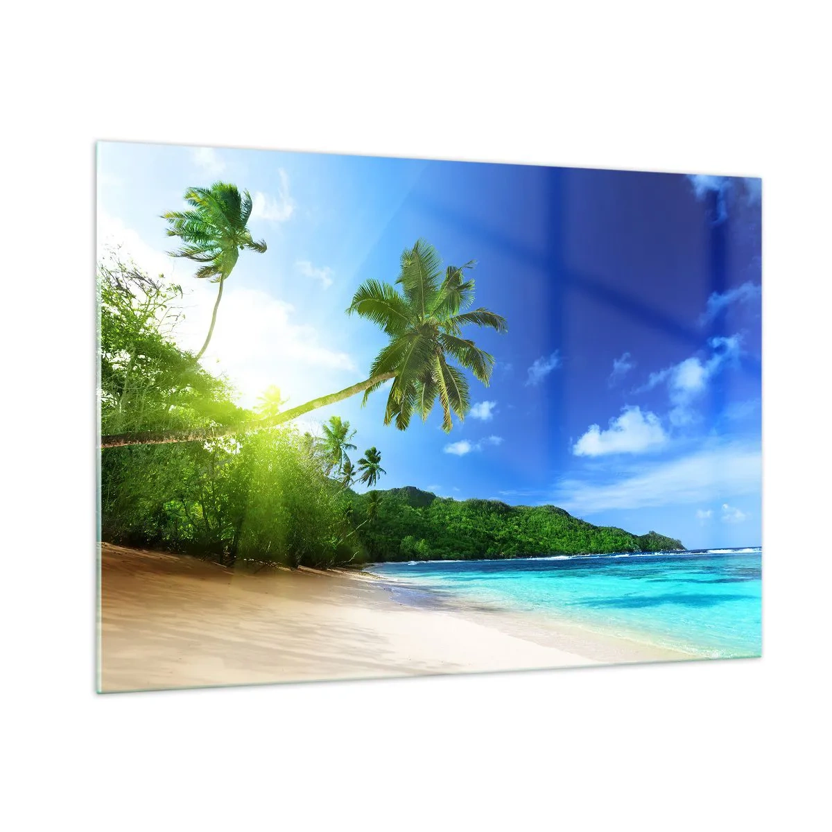Quadro su vetro - Spiaggia tropicale con palme e acqua cristallina - 100x70cm - Il lieve tocco dei tropici - Decorazione murale moderna per soggiorno e camera da letto ARTTOR