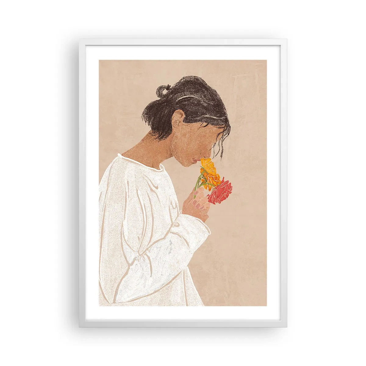 Poster in cornice bianca - Ragazza con i fiori - 50x70 cm
