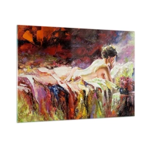 Quadro su vetro - Nudo femminile impressionista su tessuto colorato - 100x70cm - Venere pensierosa - Decorazione murale moderna per soggiorno e camera da letto ARTTOR