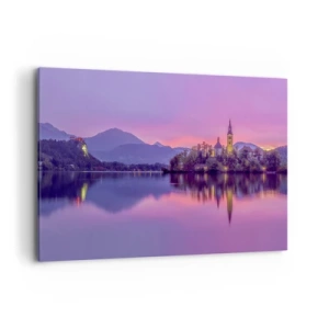 Quadro su tela - Stampe su Tela - Lago con un'isola e una chiesa al tramonto - 100x70cm - Isola favolosa al crepuscolo - Decorazione murale moderna per soggiorno e camera da letto ARTTOR