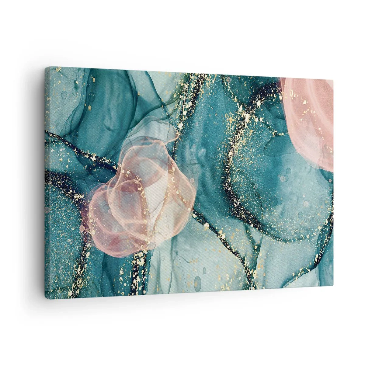 Quadro su tela - Stampe su Tela - Una composizione astratta nei toni del turchese e dell'oro. - 70x50cm - Blu di seta, rosa di tulle - Decorazione murale moderna per soggiorno e camera da letto ARTTOR