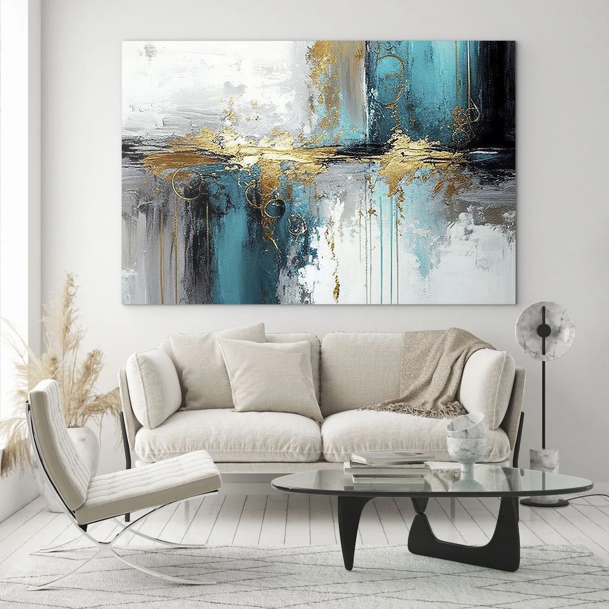 Quadro su vetro - Astrazione con turchese e oro su sfondo bianco - 120x80cm - Panta rei - Decorazione murale moderna per soggiorno e camera da letto ARTTOR