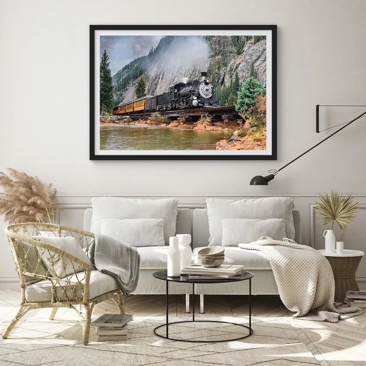 Poster in cornice nera - Una locomotiva a vapore su un ponte in un pittoresco paesaggio montano - 70x50cm - Dove andiamo? - Decorazione murale moderna per soggiorno e camera da letto ARTTOR