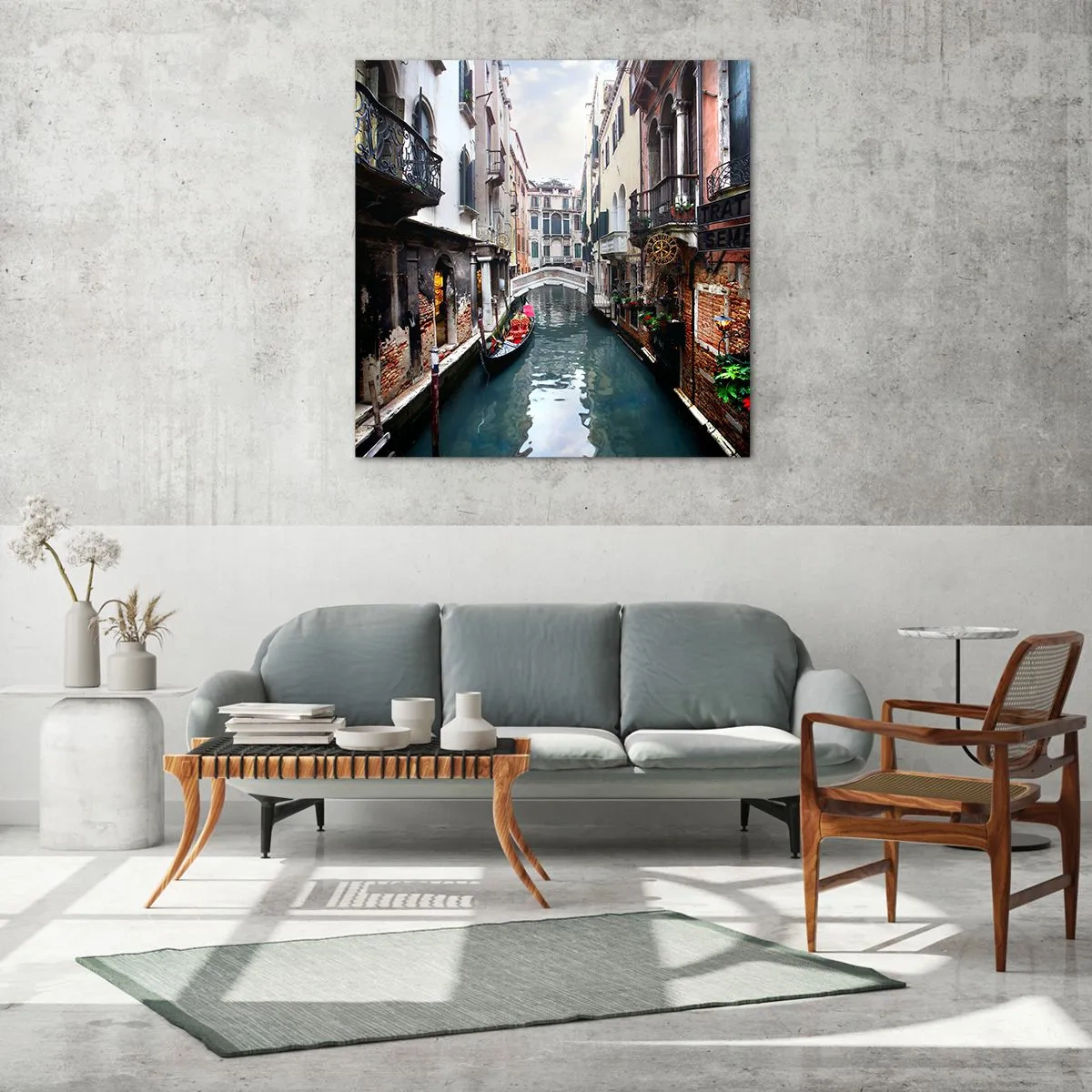 Quadro su vetro - Paesaggio veneziano con gondola e ponte - 40x40 cm