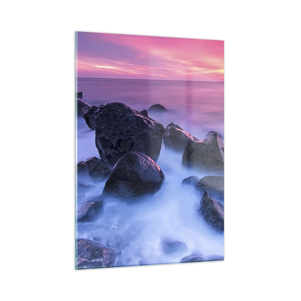 Quadro su vetro - Onde che si infrangono sugli scogli al tramonto - 50x70cm - Nascita nella luce e nella nebbia - Decorazione murale moderna per soggiorno e camera da letto ARTTOR