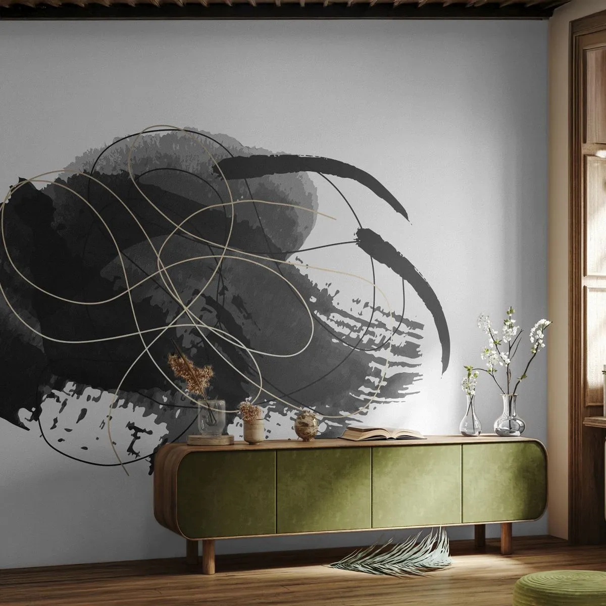 Fotomurali Premium Sand - Astrazione moderna in nero, grigio e oro - 100x70cm - Nato dal nero - Decorazione murale moderna per soggiorno e camera da letto ARTTOR