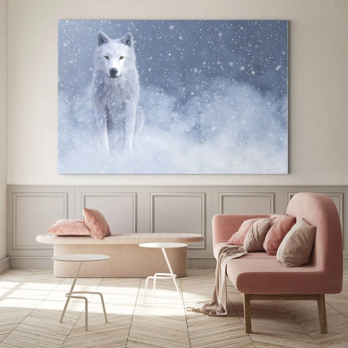 Quadro su vetro - Un lupo bianco in una tempesta di neve che guarda dritto davanti a sé - 70x50cm - Nello spirito dell'inverno - Decorazione murale moderna per soggiorno e camera da letto ARTTOR