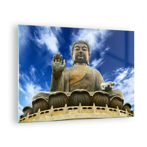 Quadro su vetro - Una grande statua del Buddha contro un cielo blu - 70x50cm - Vivere senza paura - Decorazione murale moderna per soggiorno e camera da letto ARTTOR