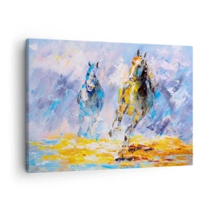 Quadro su tela - Stampe su Tela - Due cavalli in movimento sullo sfondo di un paesaggio astratto - 70x50cm - Al galoppo nella luce - Decorazione murale moderna per soggiorno e camera da letto ARTTOR