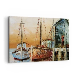Quadro su tela - Stampe su Tela - Barche sulla riva nella calda luce del tramonto - 100x70cm - Ritorno tranquillo - Decorazione murale moderna per soggiorno e camera da letto ARTTOR