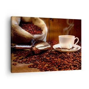 Quadro su tela - Stampe su Tela - Una tazza di caffè con chicchi di caffè e un sacco di cereali sullo sfondo - 70x50cm - Senti questo odore? - Decorazione murale moderna per soggiorno e camera da letto ARTTOR