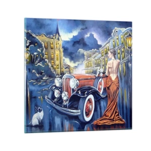 Quadro su vetro - Notturno in blu e coralli - 30x30 cm