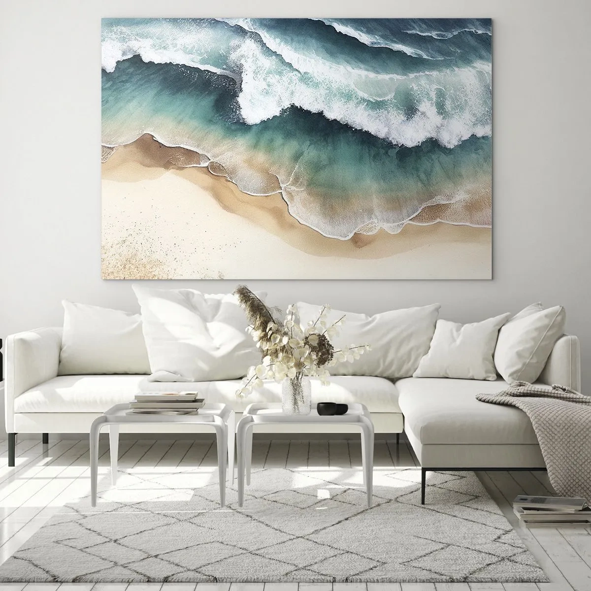 Quadro su vetro - Onde dell'oceano che si infrangono su una spiaggia di sabbia dorata - 70x50cm - L'eterno incontro - Decorazione murale moderna per soggiorno e camera da letto ARTTOR