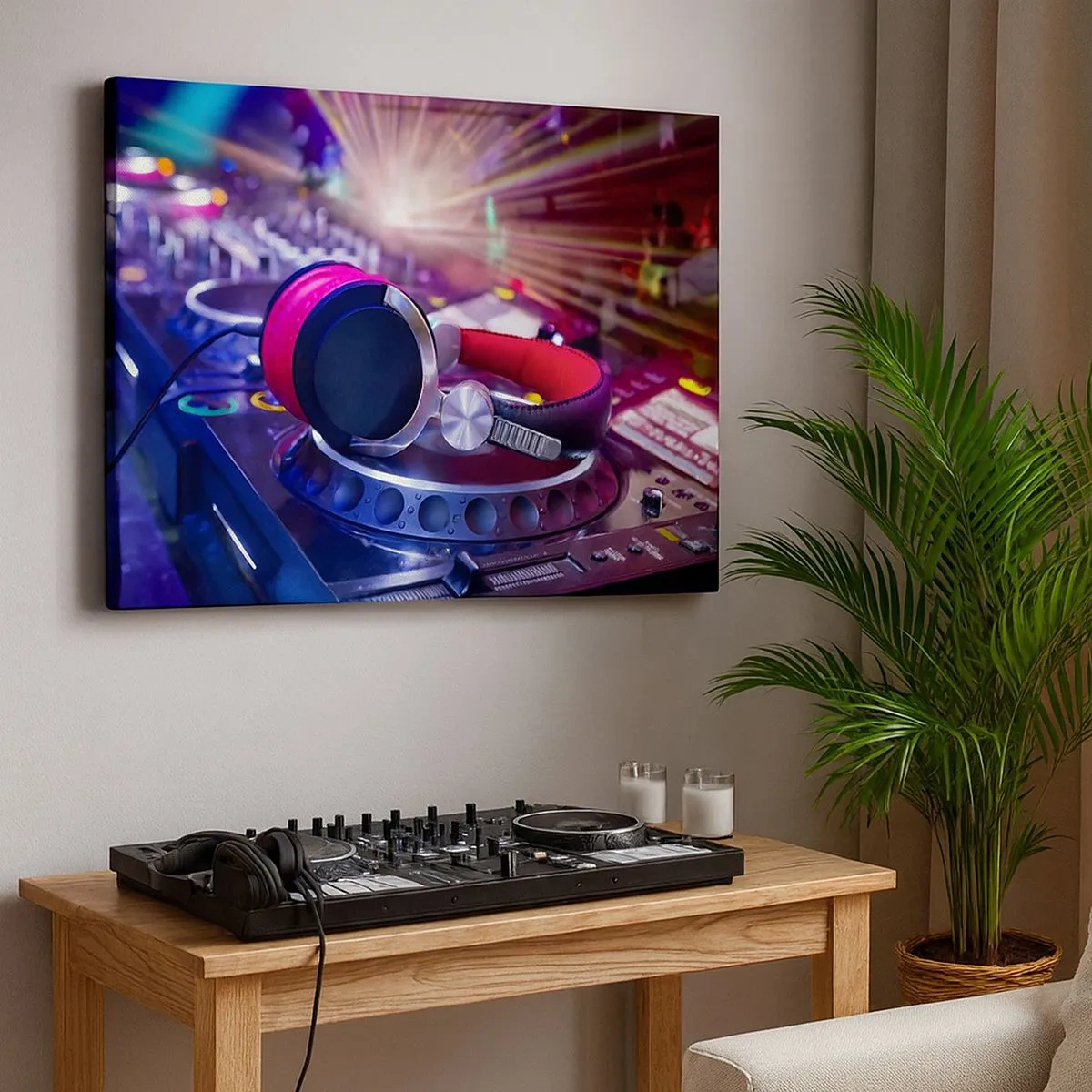 Quadro su tela - Stampe su Tela - Cuffie da DJ su una console illuminata dai riflettori a una festa - 70x50cm - Sarà fantastico - Decorazione murale moderna per soggiorno e camera da letto ARTTOR