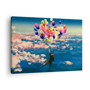 Quadro su tela - Stampe su Tela - Una figura che fluttua sopra le nuvole con palloncini colorati - 70x50cm - Il sogno dell'infanzia realizzato - Decorazione murale moderna per soggiorno e camera da letto ARTTOR